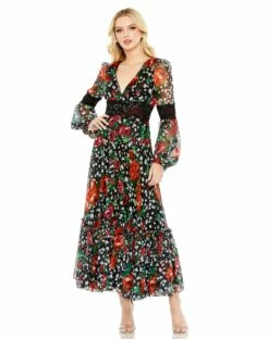 V-neck Floral Long Puff Sleeve Ruffle Dress