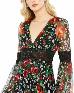 V-neck Floral Long Puff Sleeve Ruffle Dress -Women's Skirt 11402 BlackMulti CL