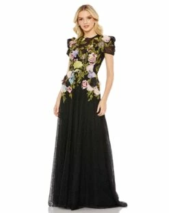 Embroidered Floral Long Sleeve Gown