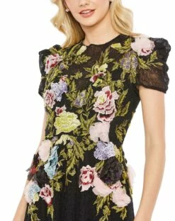 Embroidered Floral Long Sleeve Gown -Women's Skirt 11411 BlackMulti CL