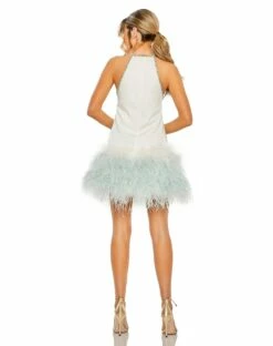 Rhinestone Trim Halter Neck A-Line Dress With Feat -Women's Skirt 11437 White BK