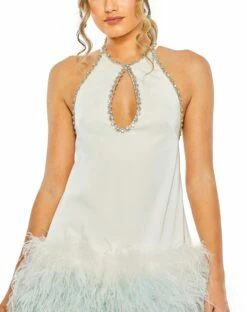 Rhinestone Trim Halter Neck A-Line Dress With Feat -Women's Skirt 11437 White CL