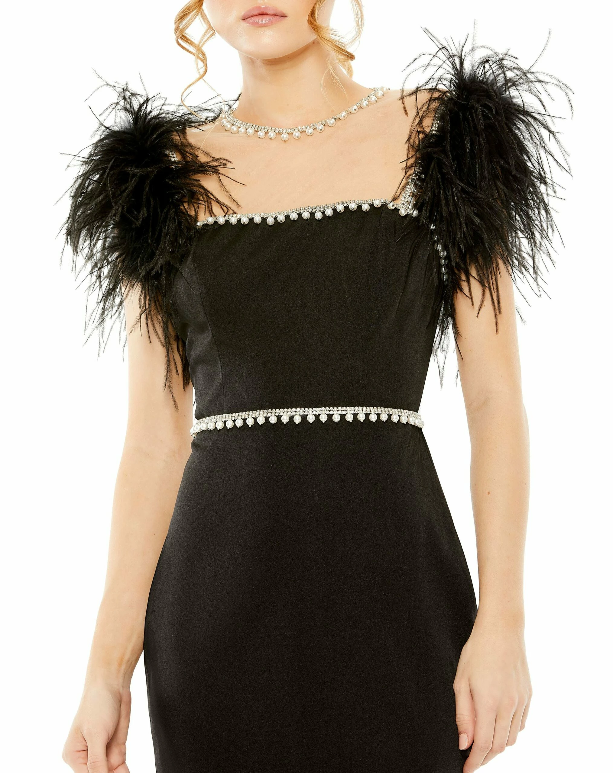 Feather Cap Sleeve Pearl Embellished T-Length Fit Dress 8 Feather Cap Sleeve Pearl Embellished T-Length Fit Dress - Image 6