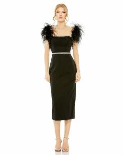 Feather Cap Sleeve Pearl Embellished T-Length Fit Dress 11 Feather Cap Sleeve Pearl Embellished T-Length Fit Dress -Women's Skirt 11438 BLK Default 1 WS