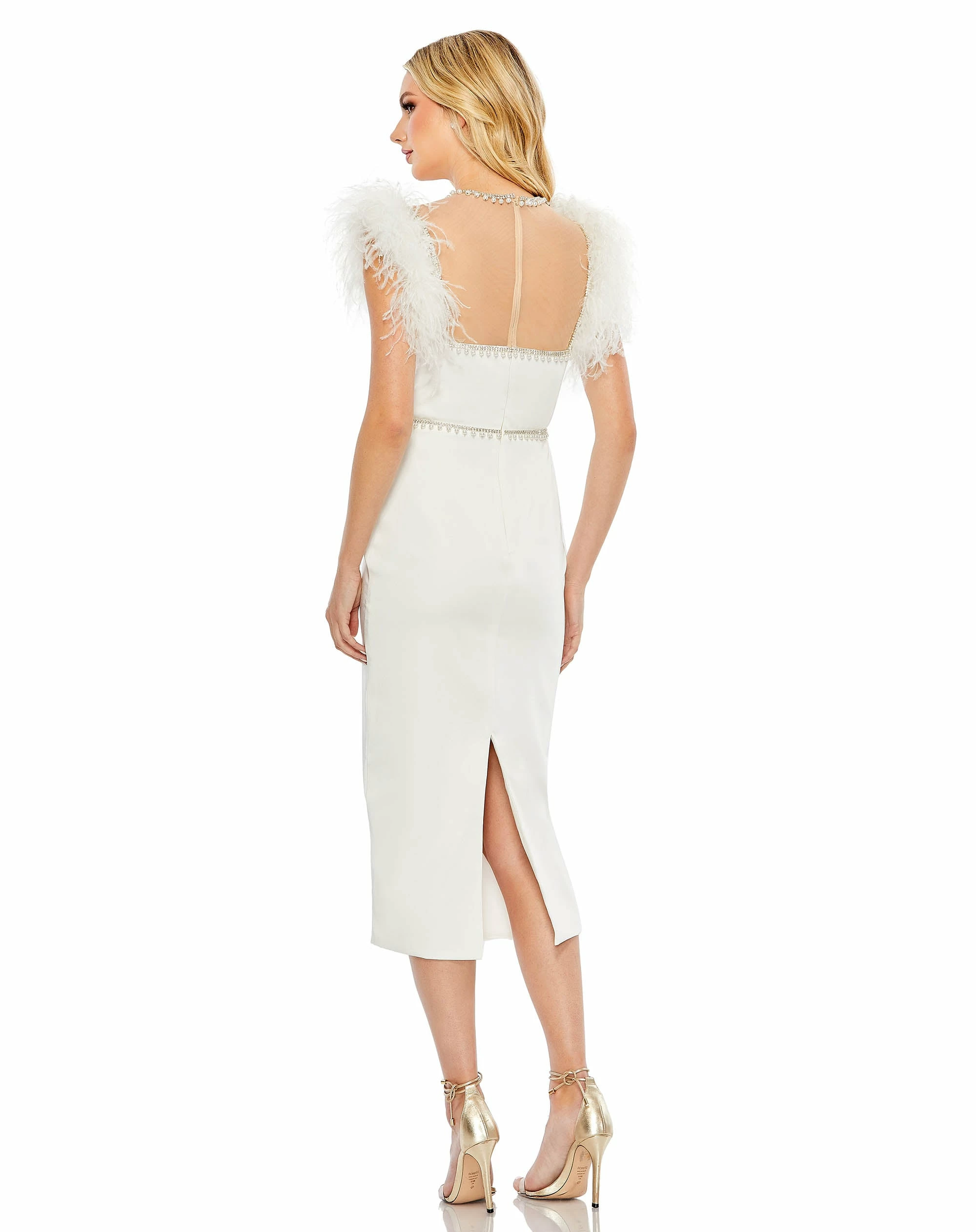Feather Cap Sleeve Pearl Embellished T-Length Fit Dress 4 Feather Cap Sleeve Pearl Embellished T-Length Fit Dress - Image 2