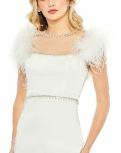 Feather Cap Sleeve Pearl Embellished T-Length Fit Dress 10 Feather Cap Sleeve Pearl Embellished T-Length Fit Dress -Women's Skirt 11438 WHT 3 WS