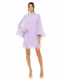 High Neck Cape Sleeve Mini Dress With Feather Trim