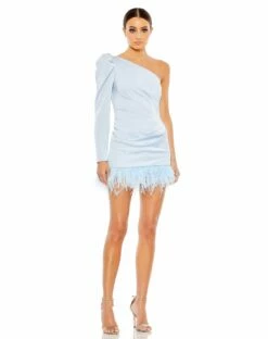 Feather Trim One Shoulder Draped Mini Dress -Women's Skirt 11440 POB Default 1 WS