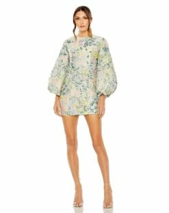 Floral Brocade Puff Sleeve Fitted Mini Dress