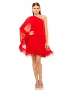 One Shoulder Trapeze Dress With Feather Trim -Women's Skirt 11623 Red AB