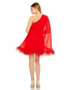 One Shoulder Trapeze Dress With Feather Trim -Women's Skirt 11623 Red BK