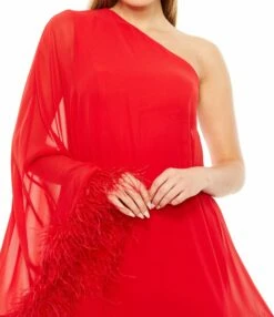 One Shoulder Trapeze Dress With Feather Trim -Women's Skirt 11623 Red CL
