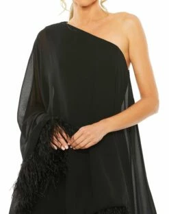 One Shoulder Trapeze Dress With Feather Trim -Women's Skirt 11623 BLK 3 WS