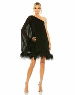 One Shoulder Trapeze Dress With Feather Trim -Women's Skirt 11623 BLK Default 1 WS