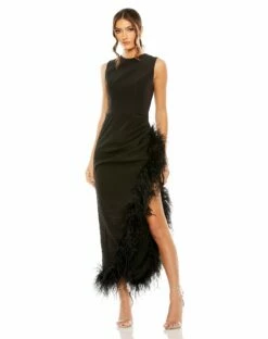 Sleeveless Faux Wrap Dress With Feather Detail