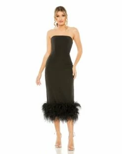 Strapless Column Dress With Feather Trim