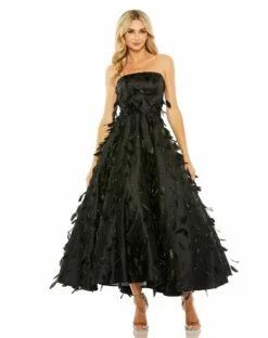 Strapless Feather Embellished Ball Gown