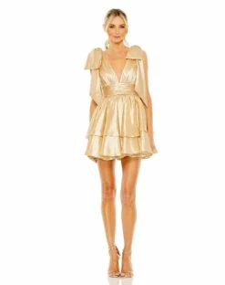 Oversized Bow Deep V Ruffle Mini Dress 11 Oversized Bow Deep V Ruffle Mini Dress -Women's Skirt 11657 PaleGold AB