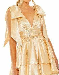 Oversized Bow Deep V Ruffle Mini Dress 13 Oversized Bow Deep V Ruffle Mini Dress -Women's Skirt 11657 PaleGold CL