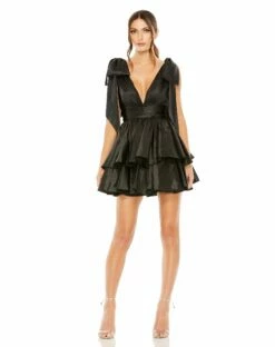 Oversized Bow Deep V Ruffle Mini Dress