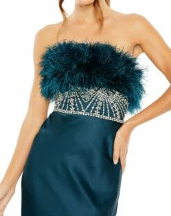Strapless Feather Rhinestone Detailed Gown -Women's Skirt 11686 Teal CL