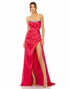 Strapless Rouched Embellished Gown