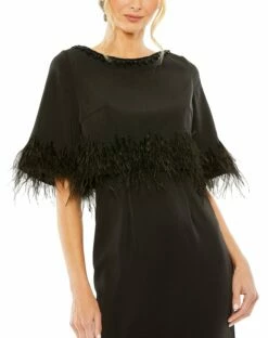 Quarter Sleeve Crystal Neck Feather Detail Dress -Women's Skirt 11787 BLK 3 WS