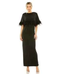 Quarter Sleeve Crystal Neck Feather Detail Dress