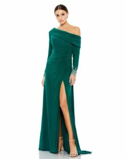 Beaded Cuff Drop Shoulder Faux Wrap Gown -Women's Skirt 12231D EmeraldGreen AB 2
