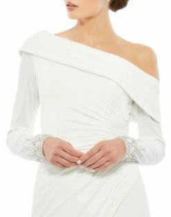 Beaded Cuff Drop Shoulder Faux Wrap Gown -Women's Skirt 12231 WHT 3 WS