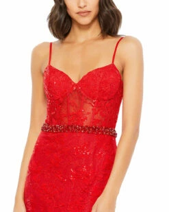 Embroidered Illusion Bodice Sleeveless Trumpet Gown -Women's Skirt 12406 RED 3 WS