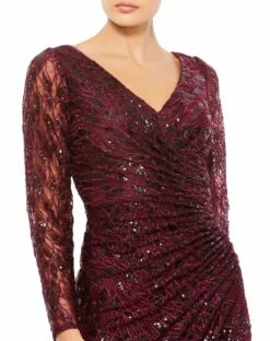 Long Sleeve Ruched Sequined V-Neck Gown -Women's Skirt 12412 Garnet CL