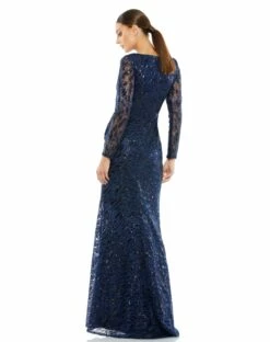 Long Sleeve Ruched Sequined V-Neck Gown -Women's Skirt 12412 Midnight BK