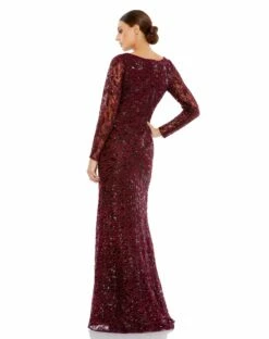 Long Sleeve Ruched Sequined V-Neck Gown -Women's Skirt 12412 GRN 2 WS