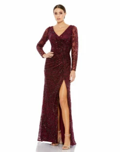 Long Sleeve Ruched Sequined V-Neck Gown -Women's Skirt 12412 GRN Default 1 WS