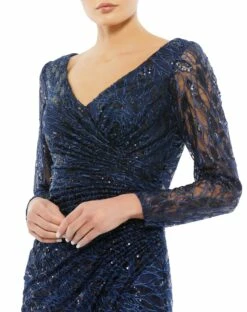 Long Sleeve Ruched Sequined V-Neck Gown -Women's Skirt 12412 MID 3 WS