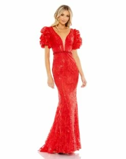 Embellished Puff Sleeve Plunge Neck Trumpet Gown
