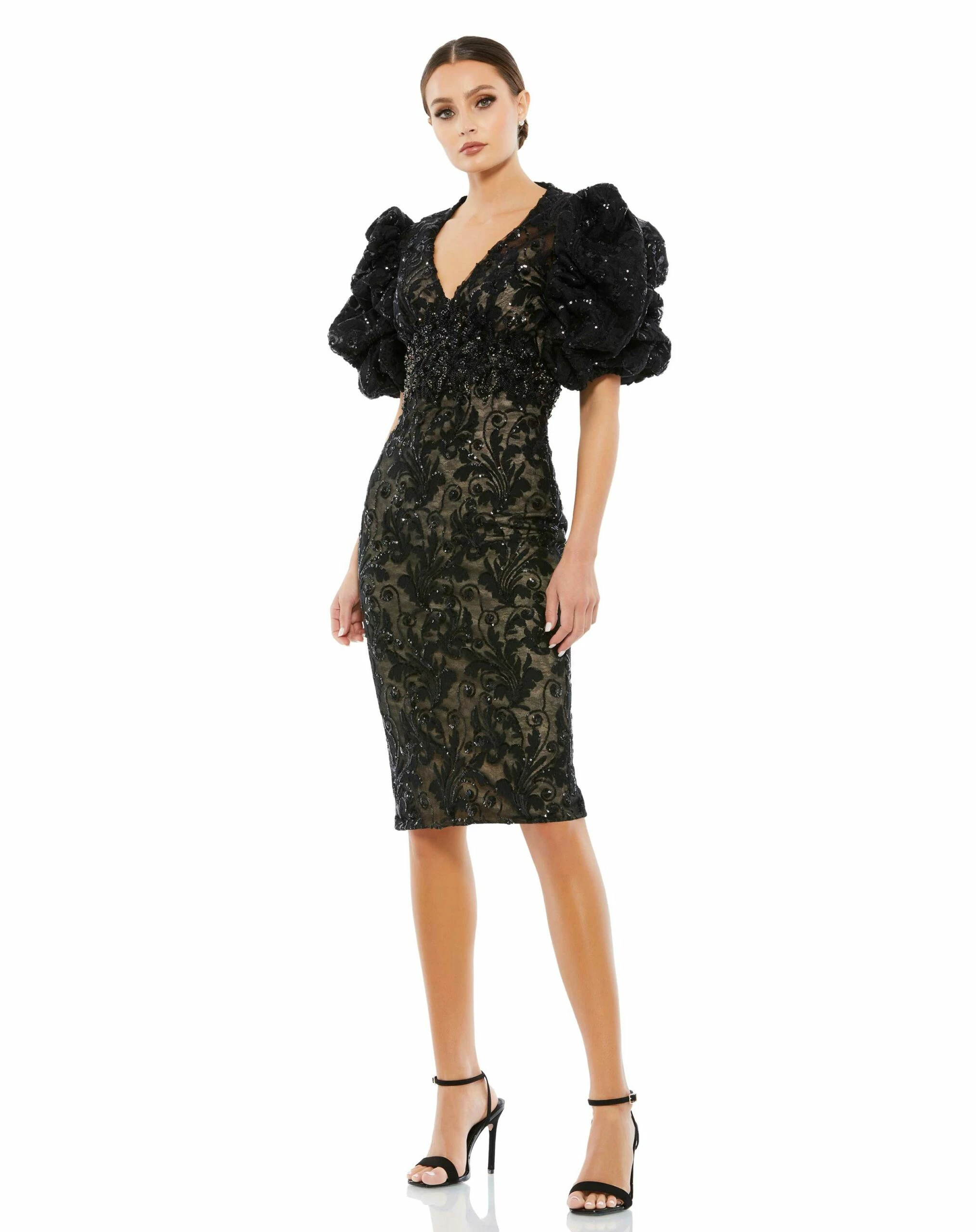 Embellished Puff Sleeve Plunge Neck Dress 3 Embellished Puff Sleeve Plunge Neck Dress