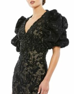 Embellished Puff Sleeve Plunge Neck Dress 7 Embellished Puff Sleeve Plunge Neck Dress -Women's Skirt 12440 Black CL