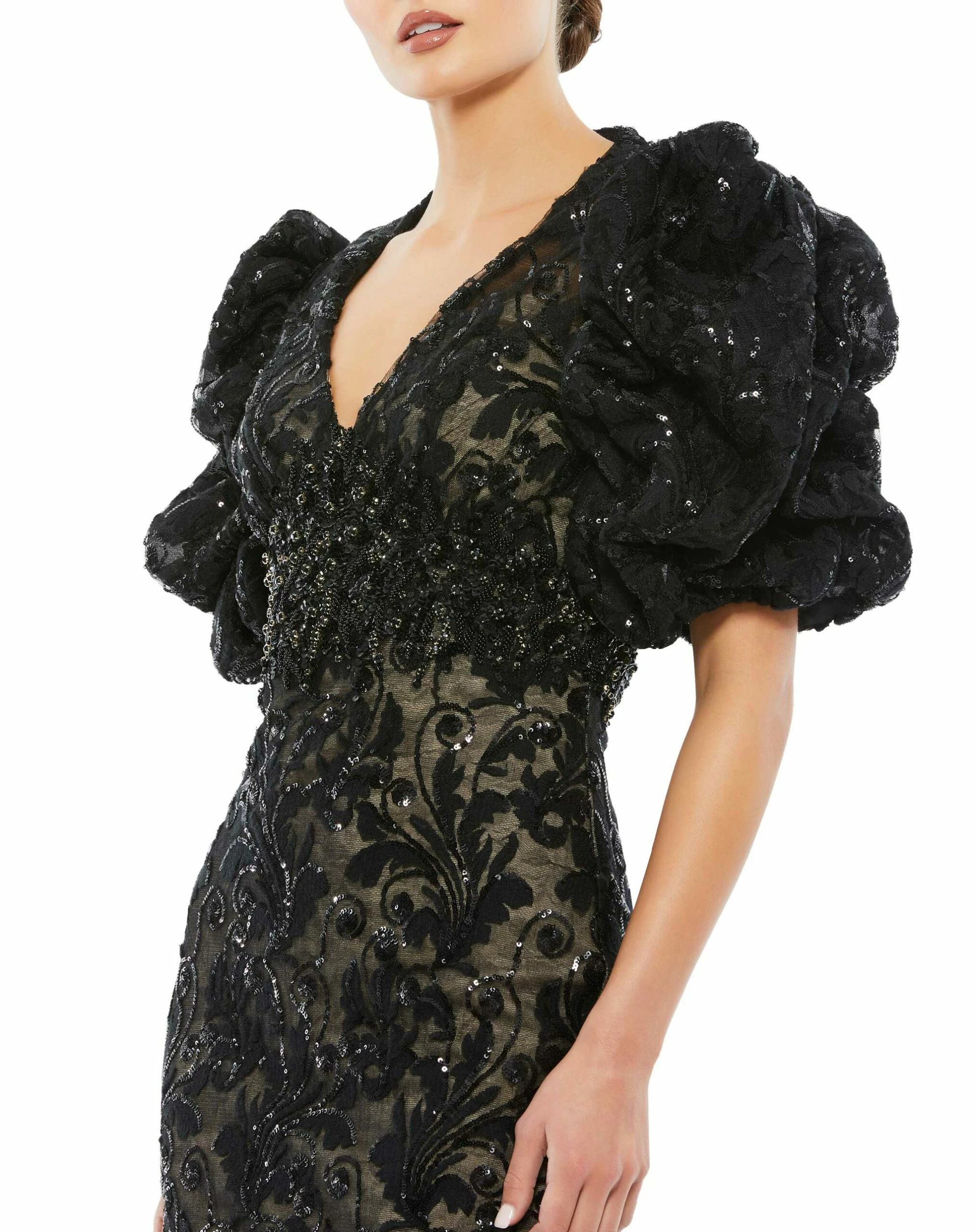 Embellished Puff Sleeve Plunge Neck Dress 5 Embellished Puff Sleeve Plunge Neck Dress - Image 3