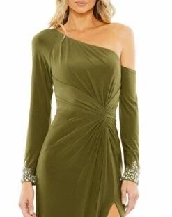 Side Twist Drop Shoulder Beaded Cuff Gown -Women's Skirt 12489 Olive CL