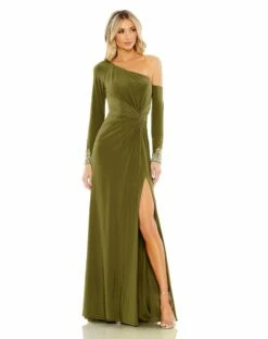Side Twist Drop Shoulder Beaded Cuff Gown