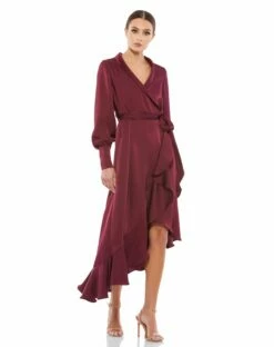 Long Sleeve Faux Wrap Midi Dress -Women's Skirt 12506 Wine AB