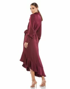 Long Sleeve Faux Wrap Midi Dress -Women's Skirt 12506 Wine BK