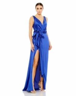 Sleeveless Self Tie Draped Gown W/ Overlay Train