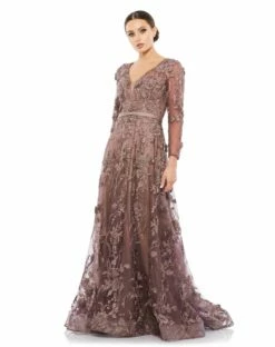 Embroidered Long Sleeve Plunge Neck A-Line Gown