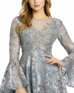 Embellished Illusion Bell Sleeve A Line Gown -Women's Skirt 20258 GrayMulti CL