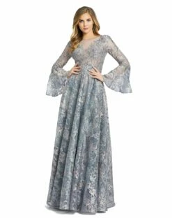 Embellished Illusion Bell Sleeve A Line Gown