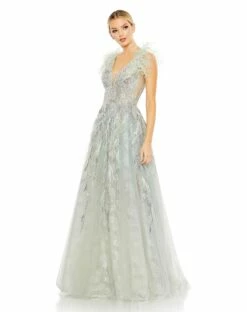 Embellished Feathered Sleeveless A Line Gown