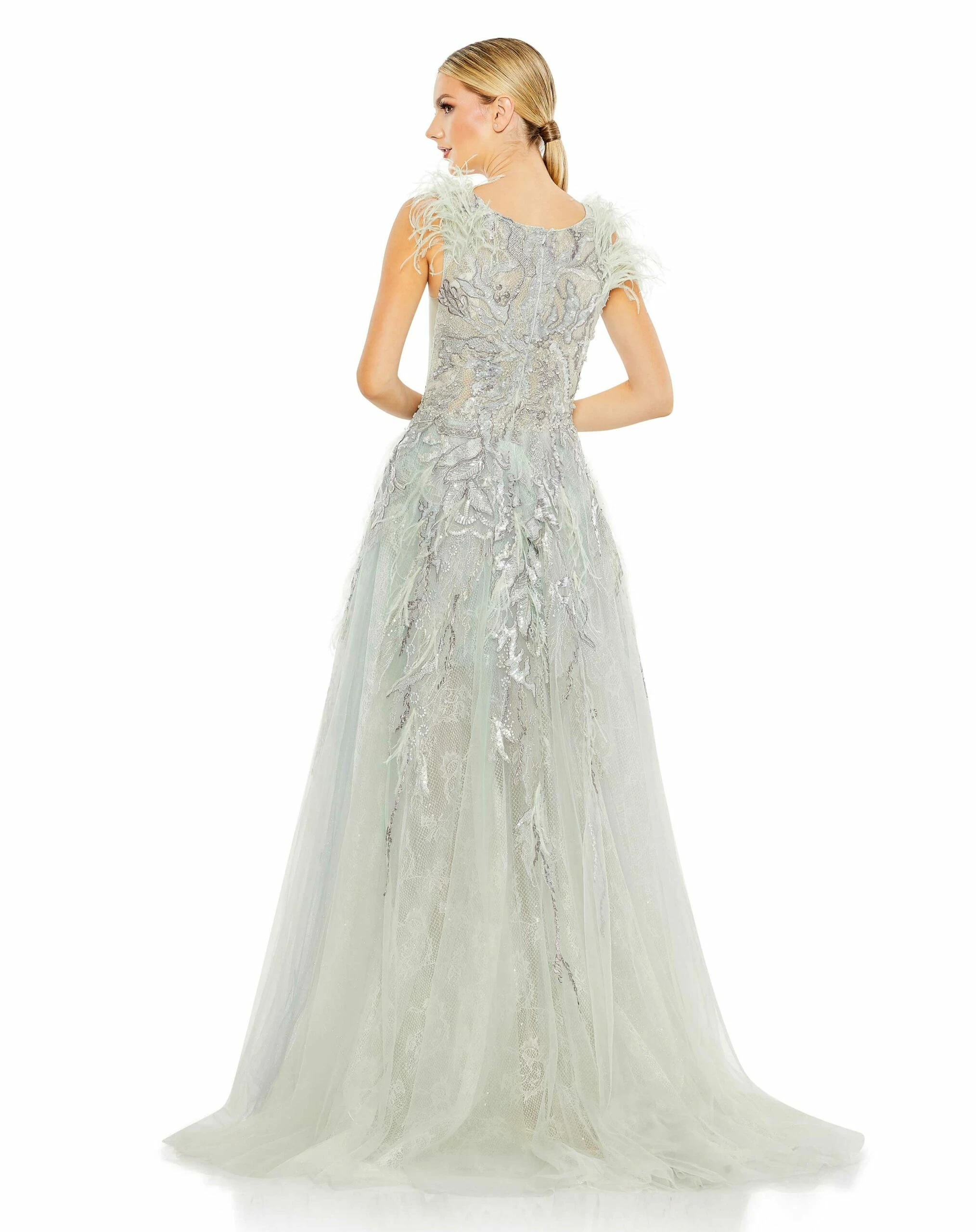 Embellished Feathered Sleeveless A Line Gown 4 Embellished Feathered Sleeveless A Line Gown - Image 2